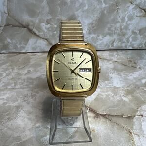 Vintage Elgin Watch Mens Gold Tone Day Date Stretch Band Gold Tone FD 828 CB